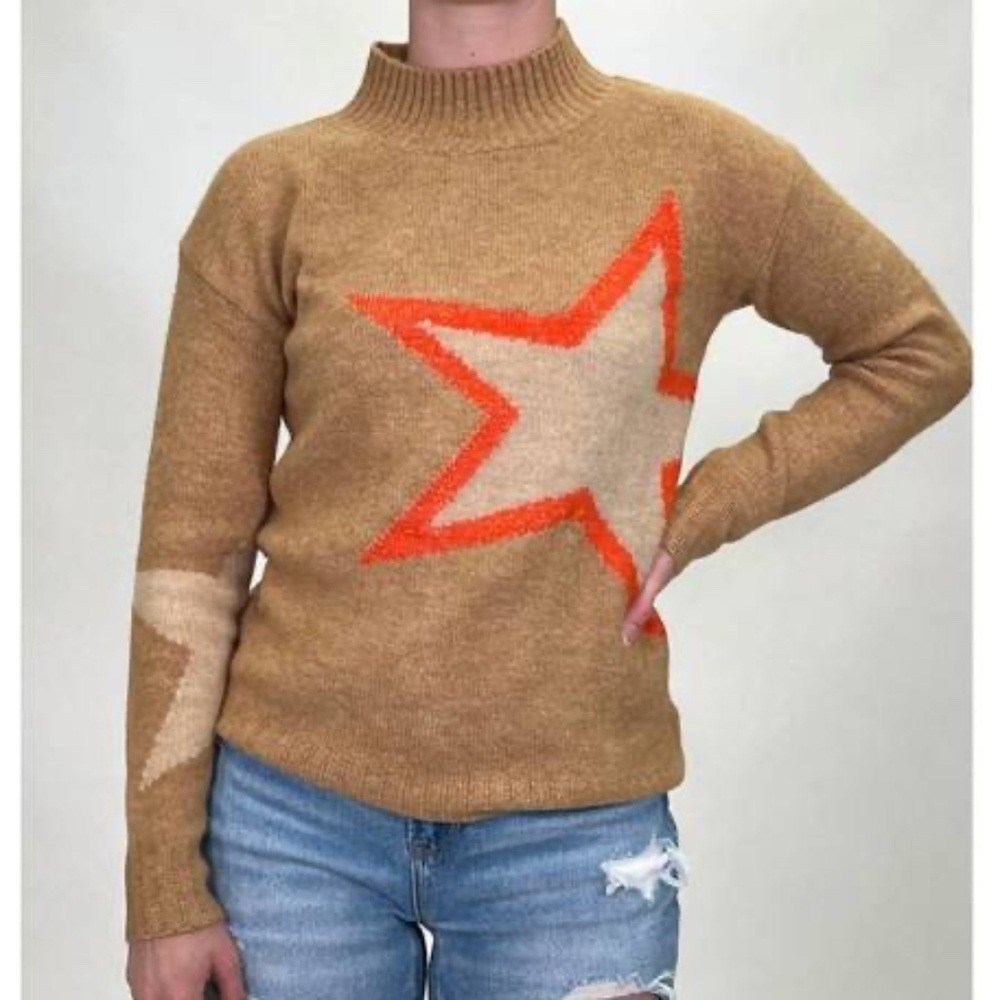 Love Token Tan Star Knit Mock Neck Sweater Neon Orange Glitter Detail Size Small
